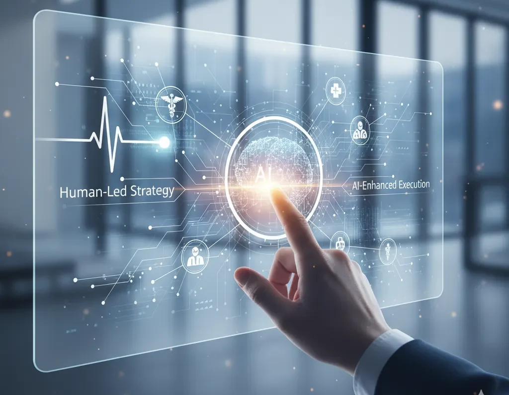 A business professional touches a digital panel displaying AI concepts, highlighting Human-Led Strategy and AI-Enhanced Execution. A business professional touches a digital panel displaying AI concepts, highlighting Human-Led Strategy and AI-Enhanced Execution