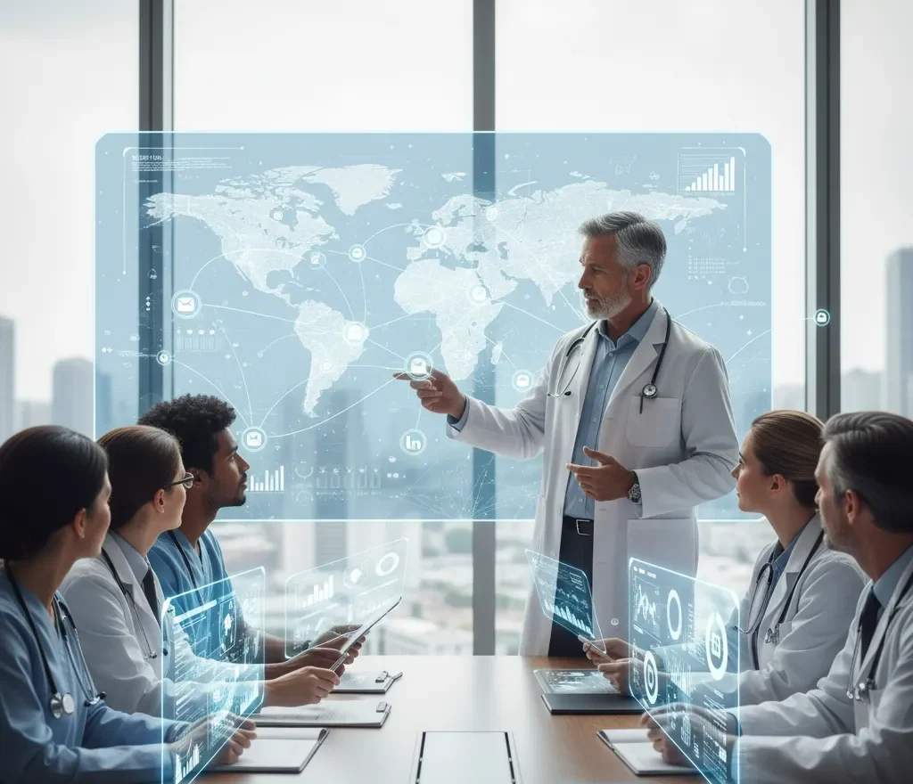 A male doctor in a white coat is presenting in a conference room, pointing to a large holographic world map overlaid with data A male doctor in a white coat is presenting in a conference room, pointing to a large holographic world map overlaid with data